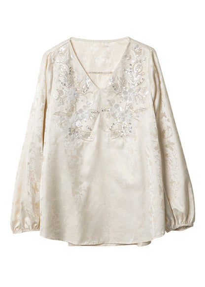 Chiffon Jacquard Unique Spring V Neck Shirt Zircon Beige Top
