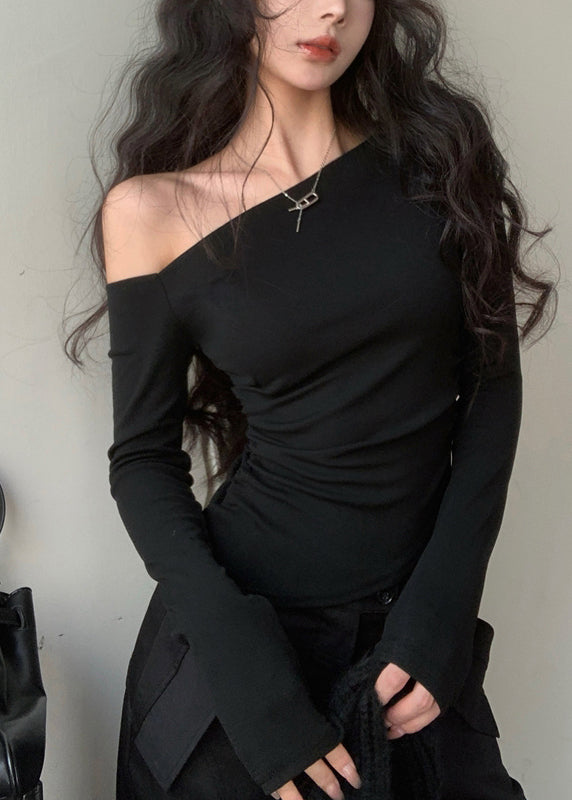 Cotton Black Asymmetrical Design Shirts Unique