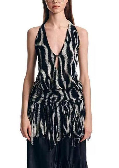 Backless Beach Unique Black Print Halter Summer Vest