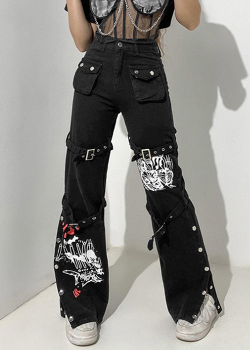 Black Denim Pants Print Summer Unique Pockets Button