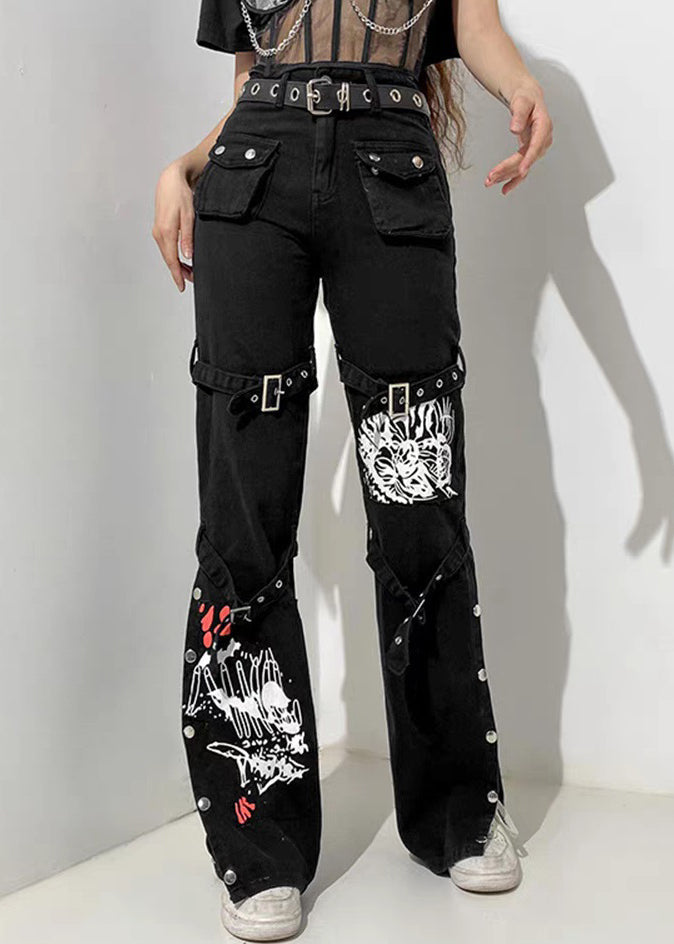Black Denim Pants Print Summer Unique Pockets Button