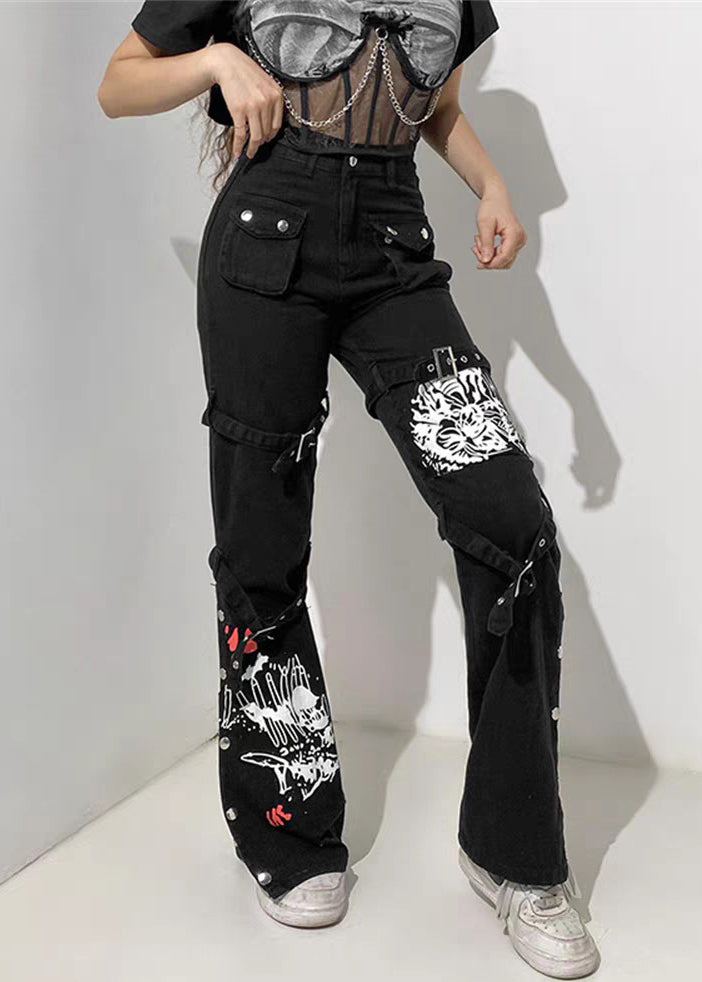 Black Denim Pants Print Summer Unique Pockets Button