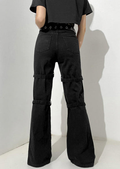 Black Denim Pants Print Summer Unique Pockets Button