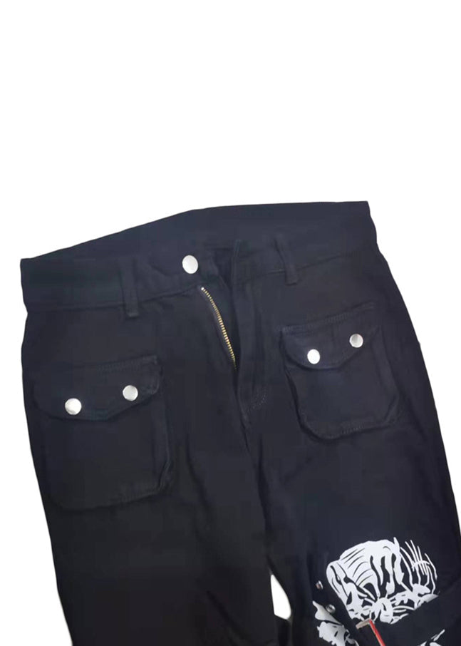 Black Denim Pants Print Summer Unique Pockets Button