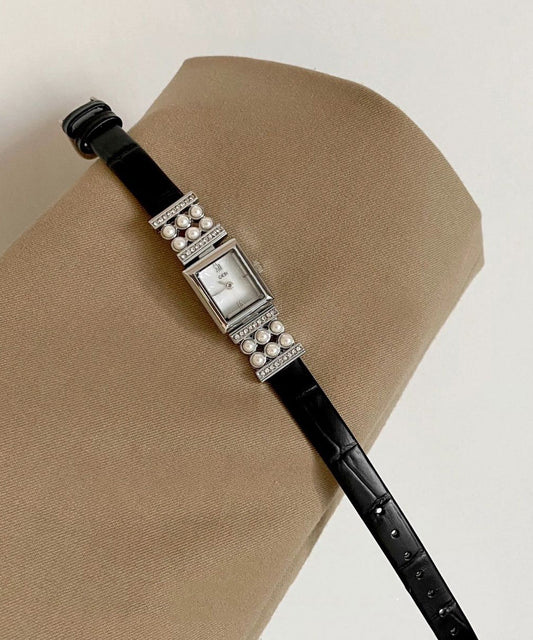 Crystal Black Watches Leather Zircon Pearl Hardlex Unique