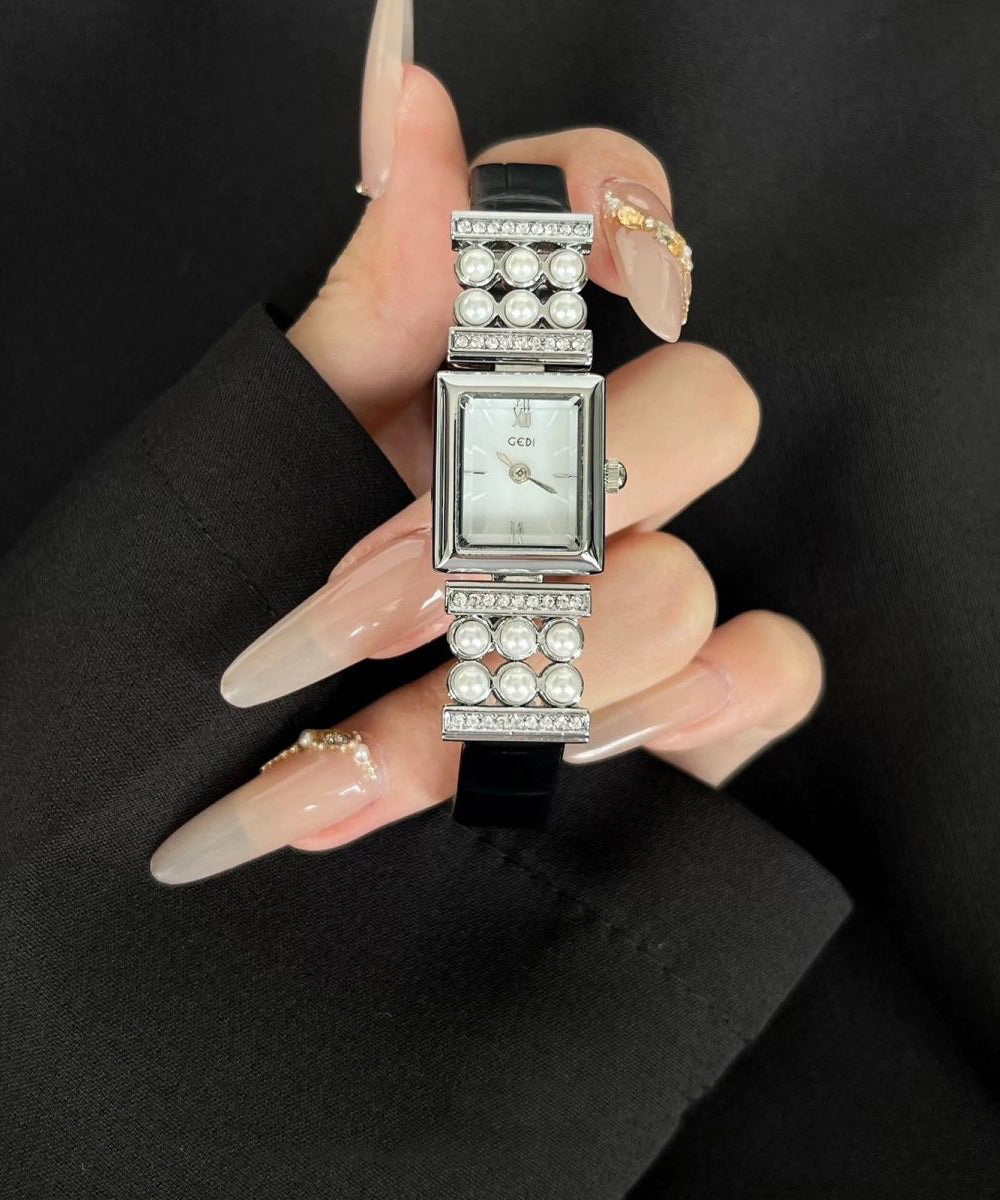 Crystal Black Watches Leather Zircon Pearl Hardlex Unique