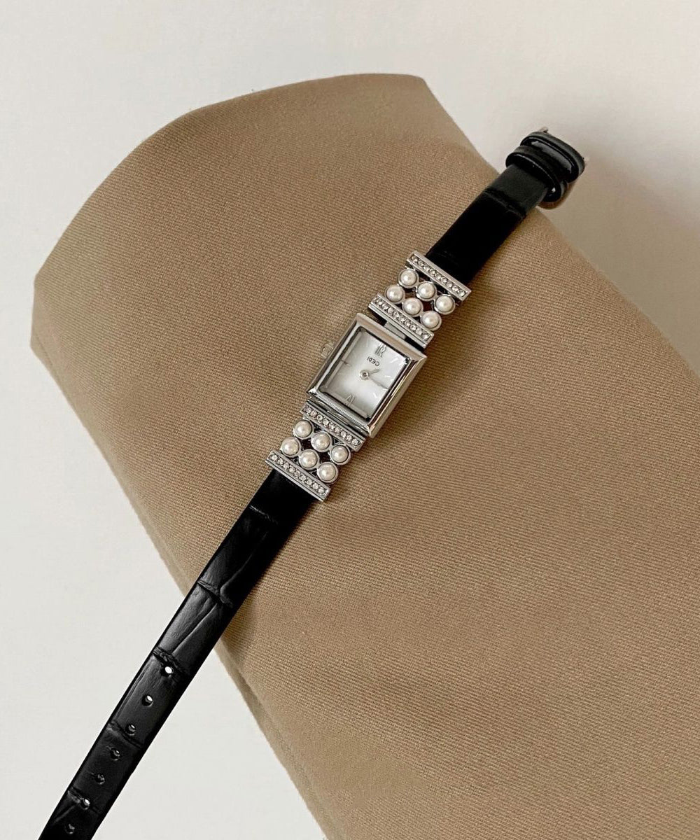 Crystal Black Watches Leather Zircon Pearl Hardlex Unique