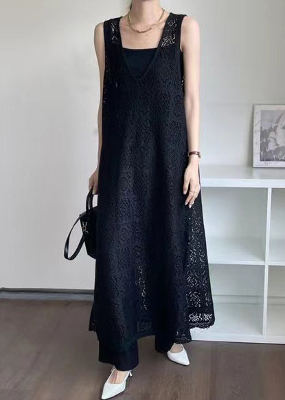 Hollow Out Oversized Black Lace Dress Unique Sleeveless