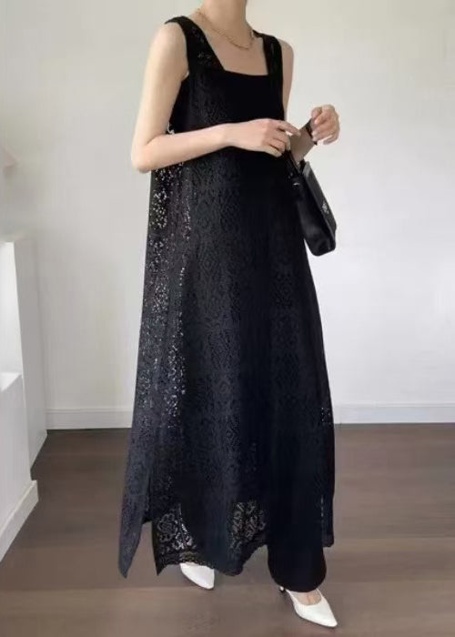 Hollow Out Oversized Black Lace Dress Unique Sleeveless