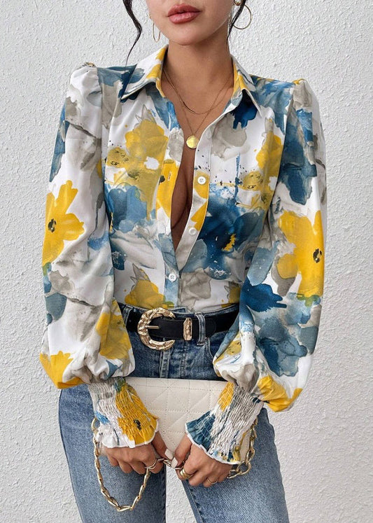 Blouses Blue Spring Button Unique Cotton Print