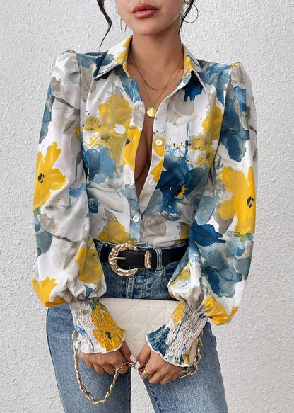 Blouses Print Cotton Blue Unique Spring Button