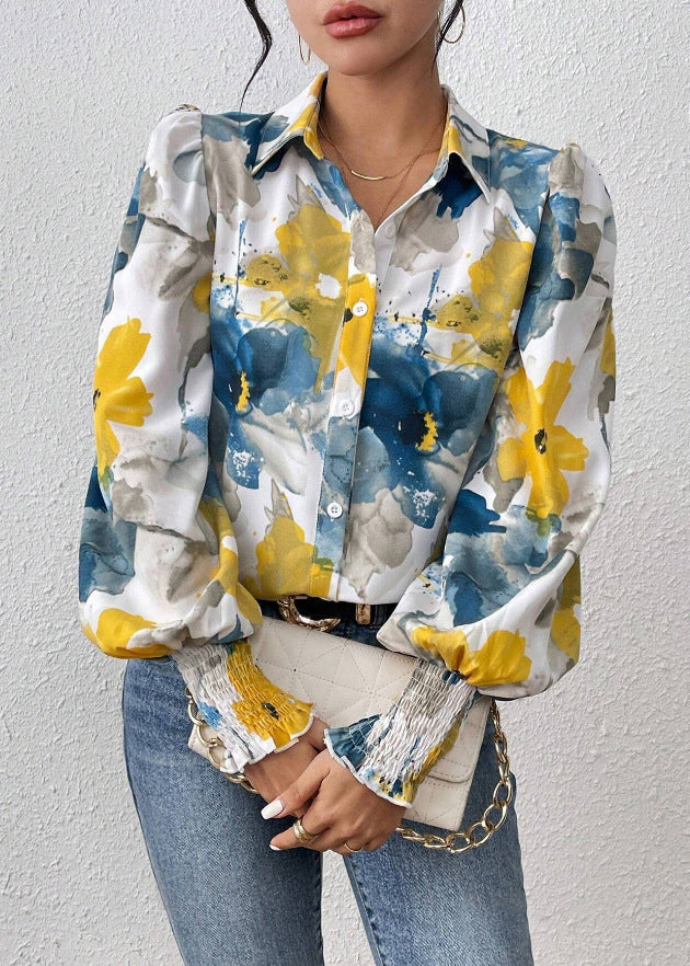 Blouses Blue Spring Button Unique Cotton Print