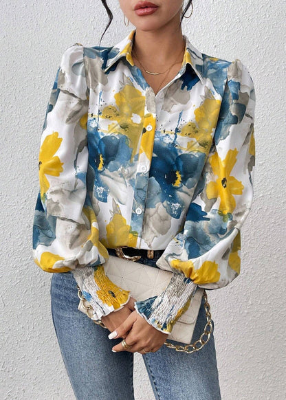 Blouses Print Cotton Blue Unique Spring Button