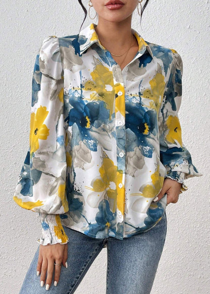 Blouses Print Cotton Blue Unique Spring Button