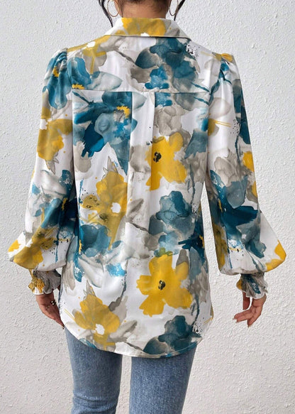 Blouses Print Cotton Blue Unique Spring Button