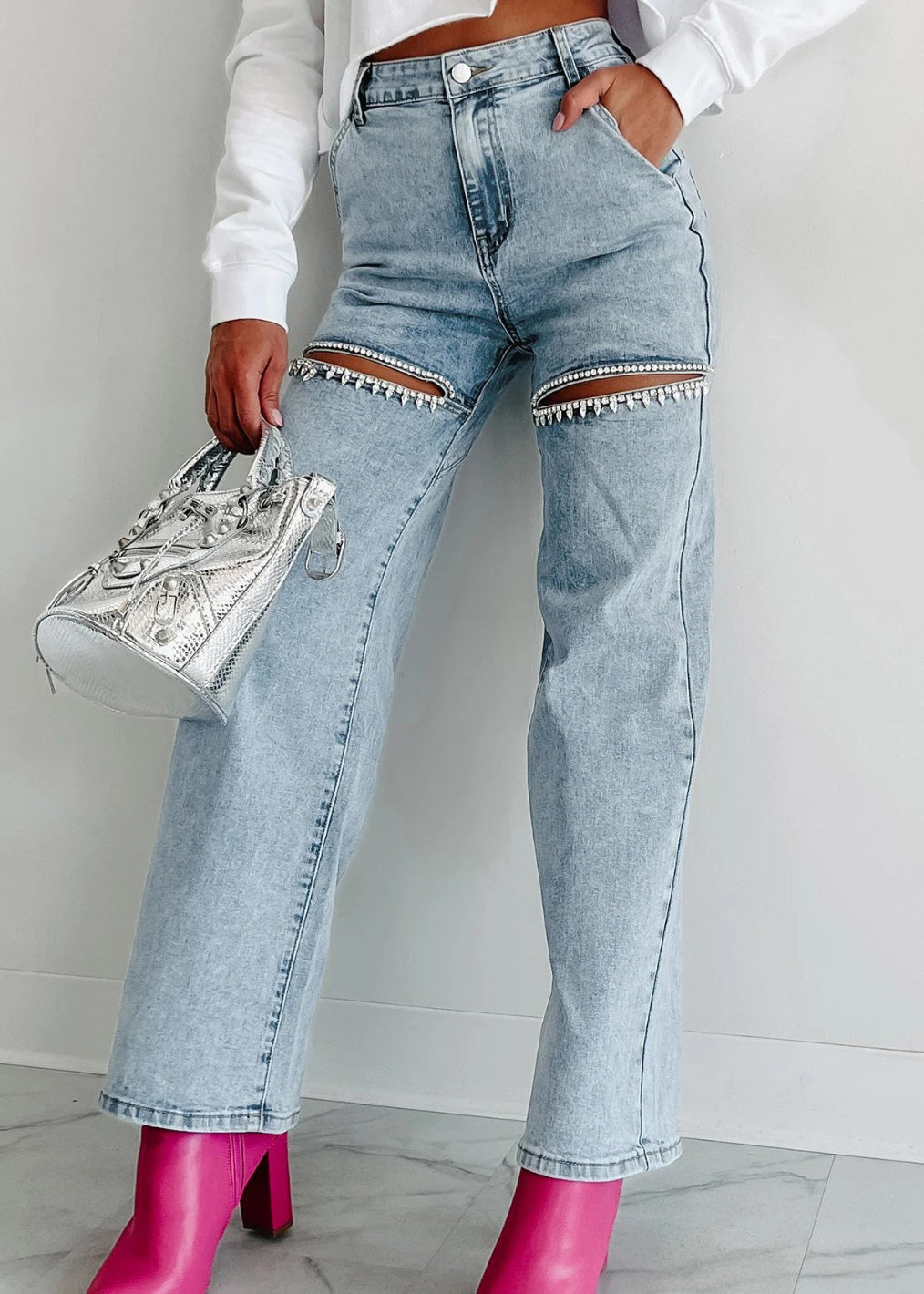 Unique Summer Straight High Waist Hole Blue Pockets Jeans