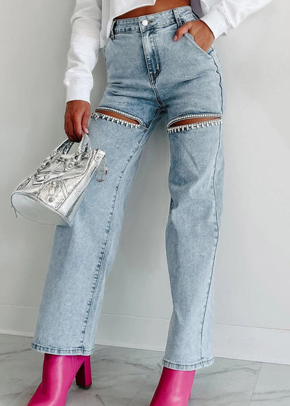 Unique Summer Straight High Waist Hole Blue Pockets Jeans