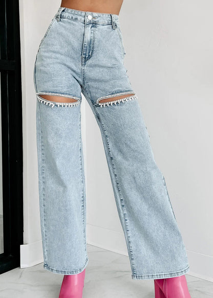 Blue Summer High Unique Straight Pockets Jeans Hole Waist