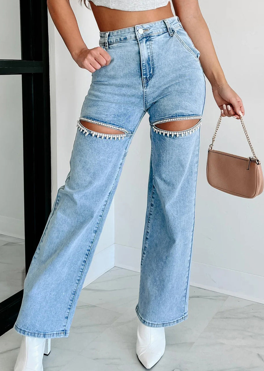 Blue Summer High Unique Straight Pockets Jeans Hole Waist