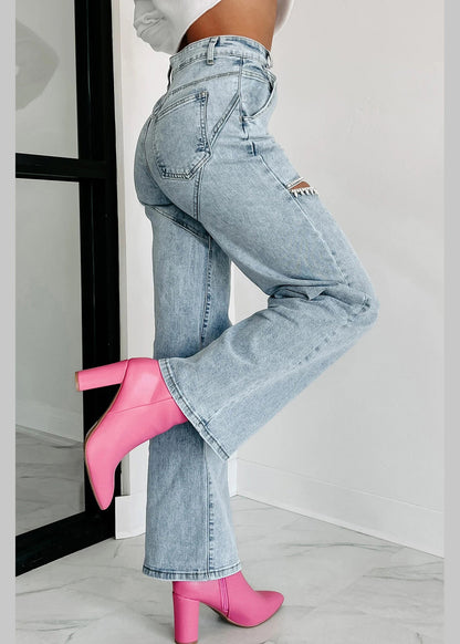 Unique Summer Straight High Waist Hole Blue Pockets Jeans