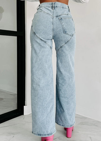 Blue Summer High Unique Straight Pockets Jeans Hole Waist