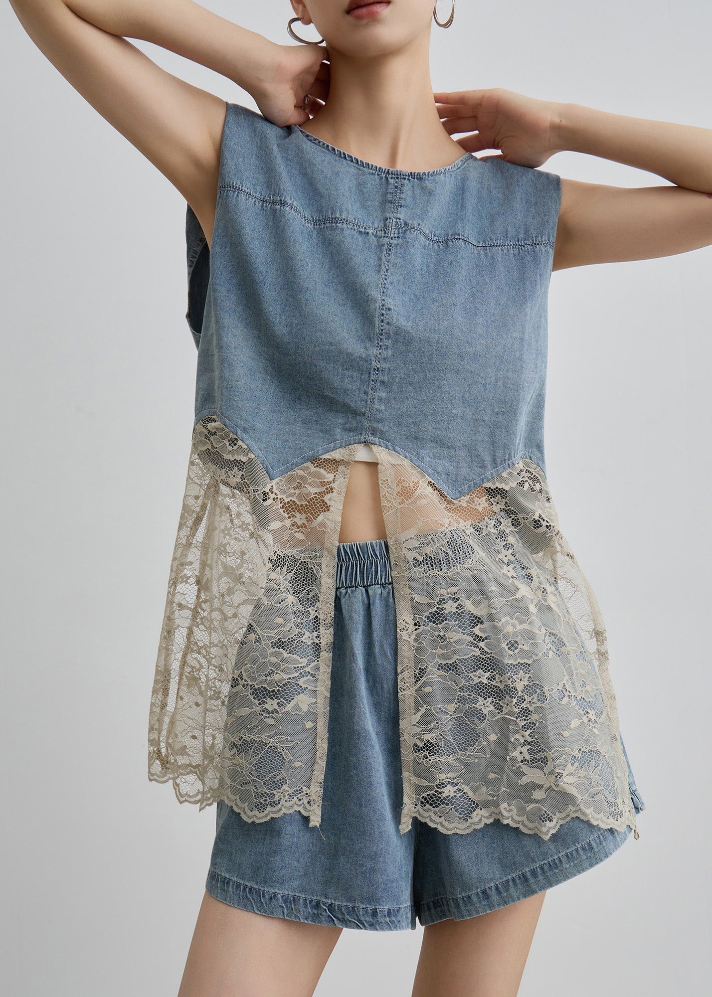 Two O Unique Pieces Blue Denim Lace Set Patchwork Neck Summer