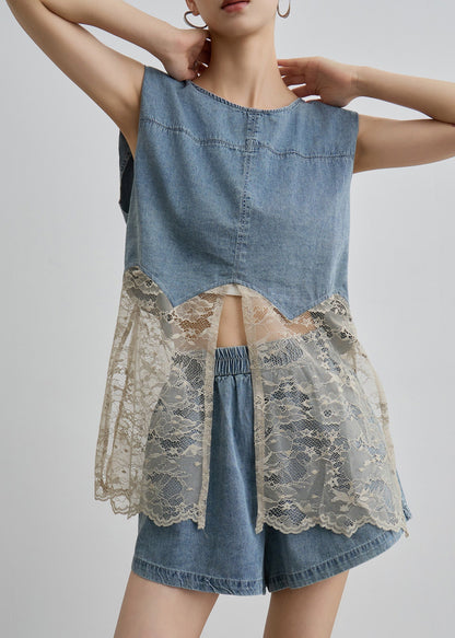 Two O Unique Pieces Blue Denim Lace Set Patchwork Neck Summer