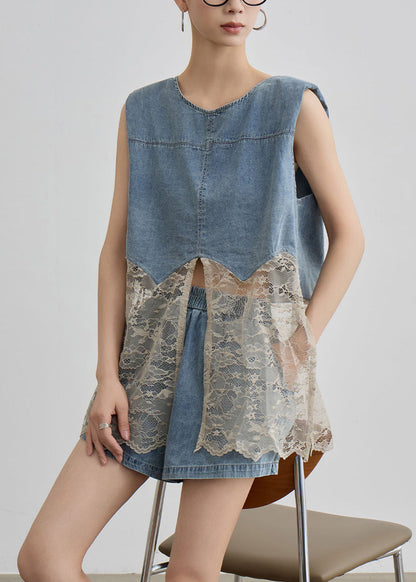 Two O Unique Pieces Blue Denim Lace Set Patchwork Neck Summer