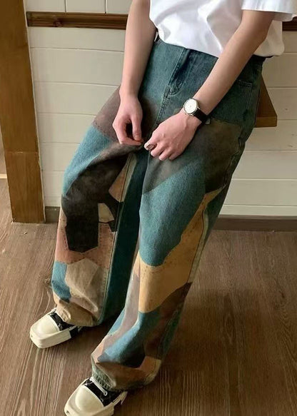 Wide Pockets Waist High Men Denim Print Blue Leg Unique Pants
