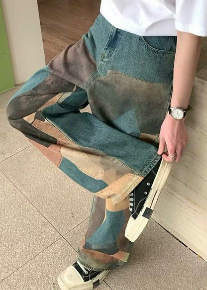 Wide Pockets Waist High Men Denim Print Blue Leg Unique Pants