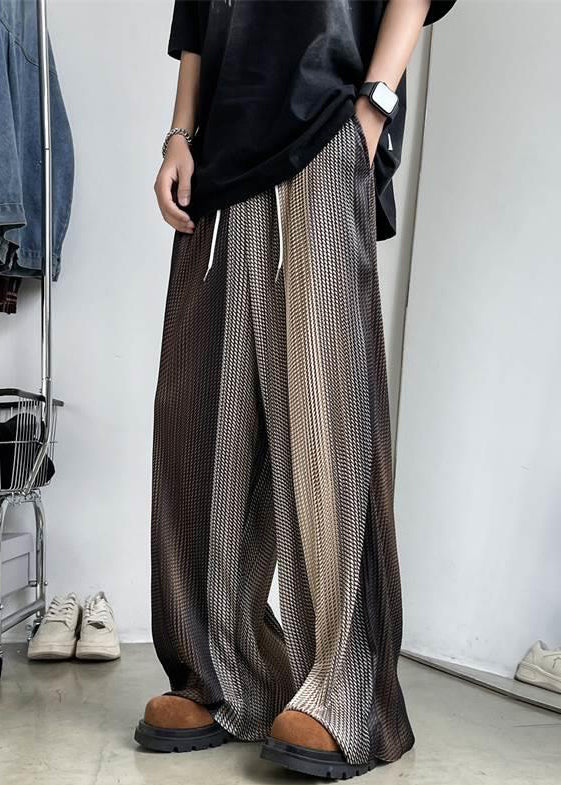 Men Elastic Patchwork Ice Unique Brown Waist Wide Leg Silk Pants