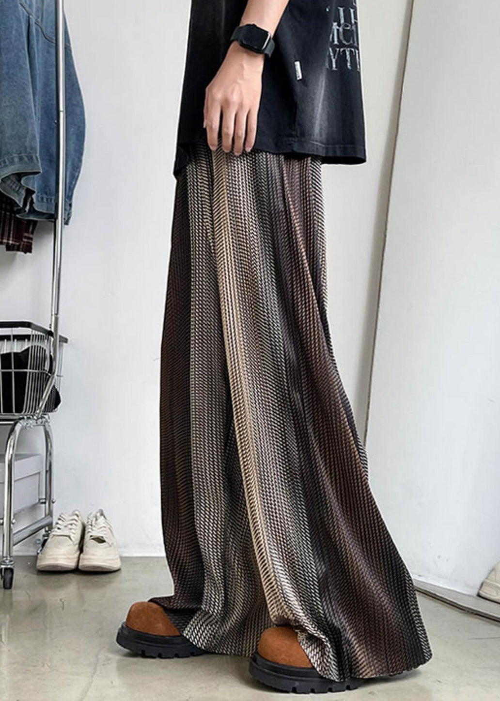 Men Elastic Patchwork Ice Unique Brown Waist Wide Leg Silk Pants