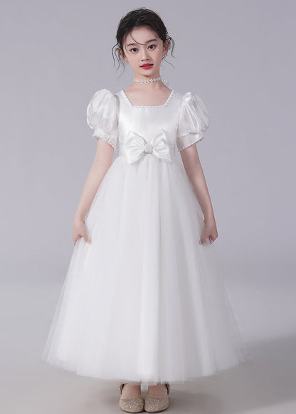 Unique Champagne Bow Nail bead Tulle Girls Long Dresses Short Sleeve XZ025