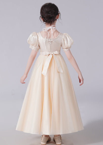 Unique Champagne Bow Nail bead Tulle Girls Long Dresses Short Sleeve XZ025