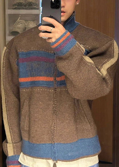 Unique Coffee Zip Up Striped Patchwork Knit Mens Cardigan Spring TK003