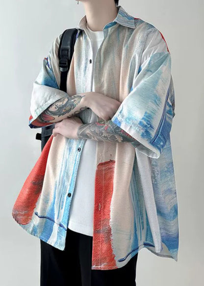 Tie Dye Button Shirts Unique Mens Colorblock Summer Cotton