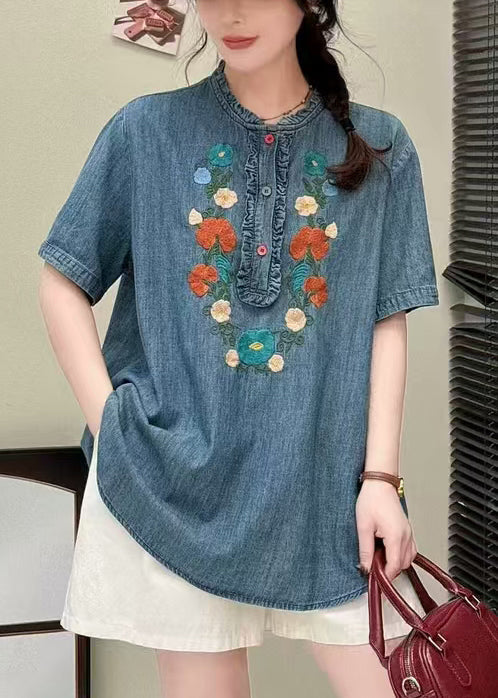 Summer Shirt Ruffled Unique Blue Embroidered Denim