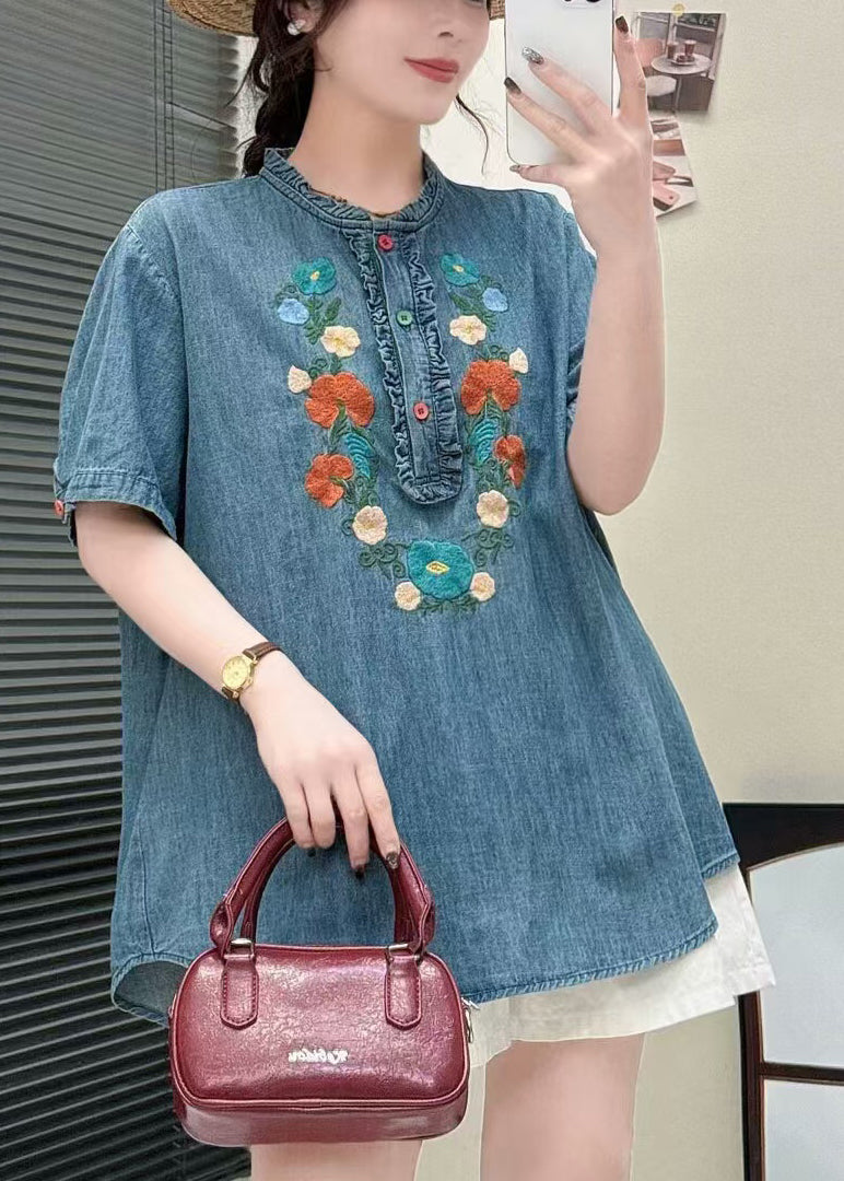 Summer Shirt Ruffled Unique Blue Embroidered Denim