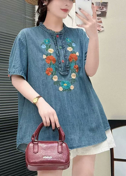 Summer Shirt Ruffled Unique Blue Embroidered Denim