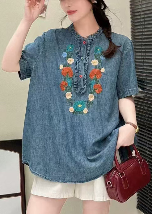 Summer Shirt Ruffled Unique Blue Embroidered Denim