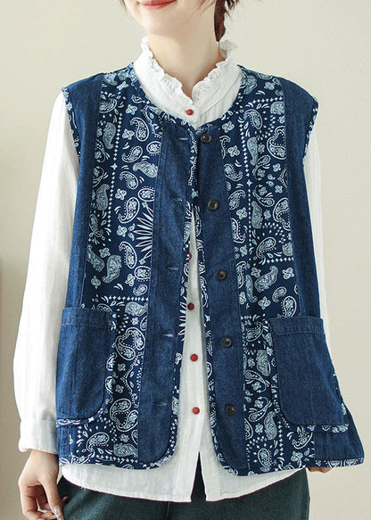 Unique Denim Blue O-Neck Print Pockets Waistcoat Spring VB1064