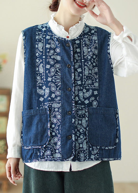 Unique Denim Blue O-Neck Print Pockets Waistcoat Spring VB1064