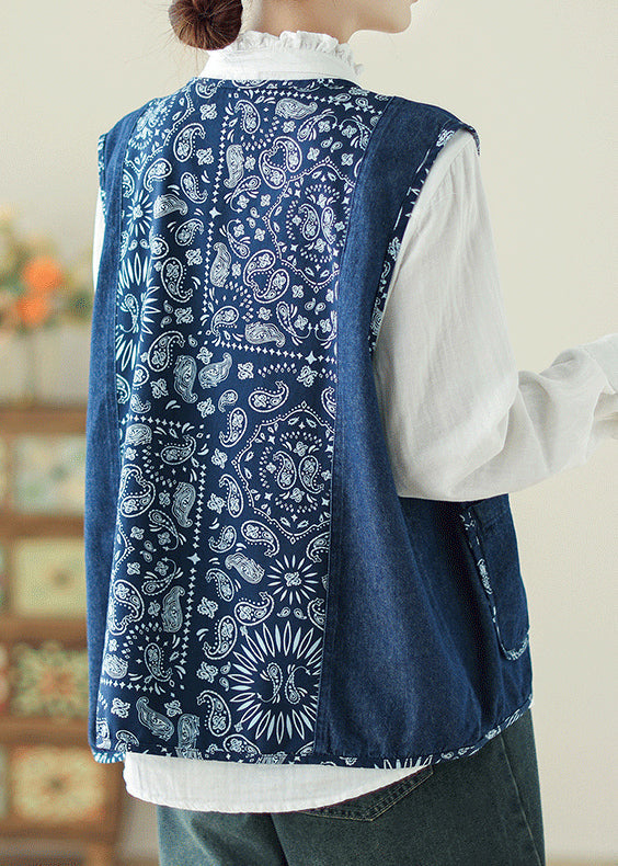 Unique Denim Blue O-Neck Print Pockets Waistcoat Spring VB1064