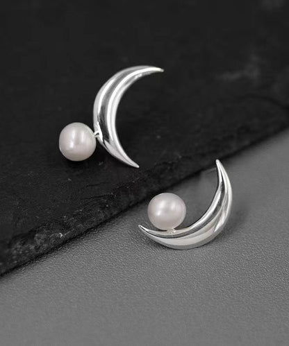 Sterling Gold Unique Asymmetrical Pearl Silver Overgild Hoop Moon