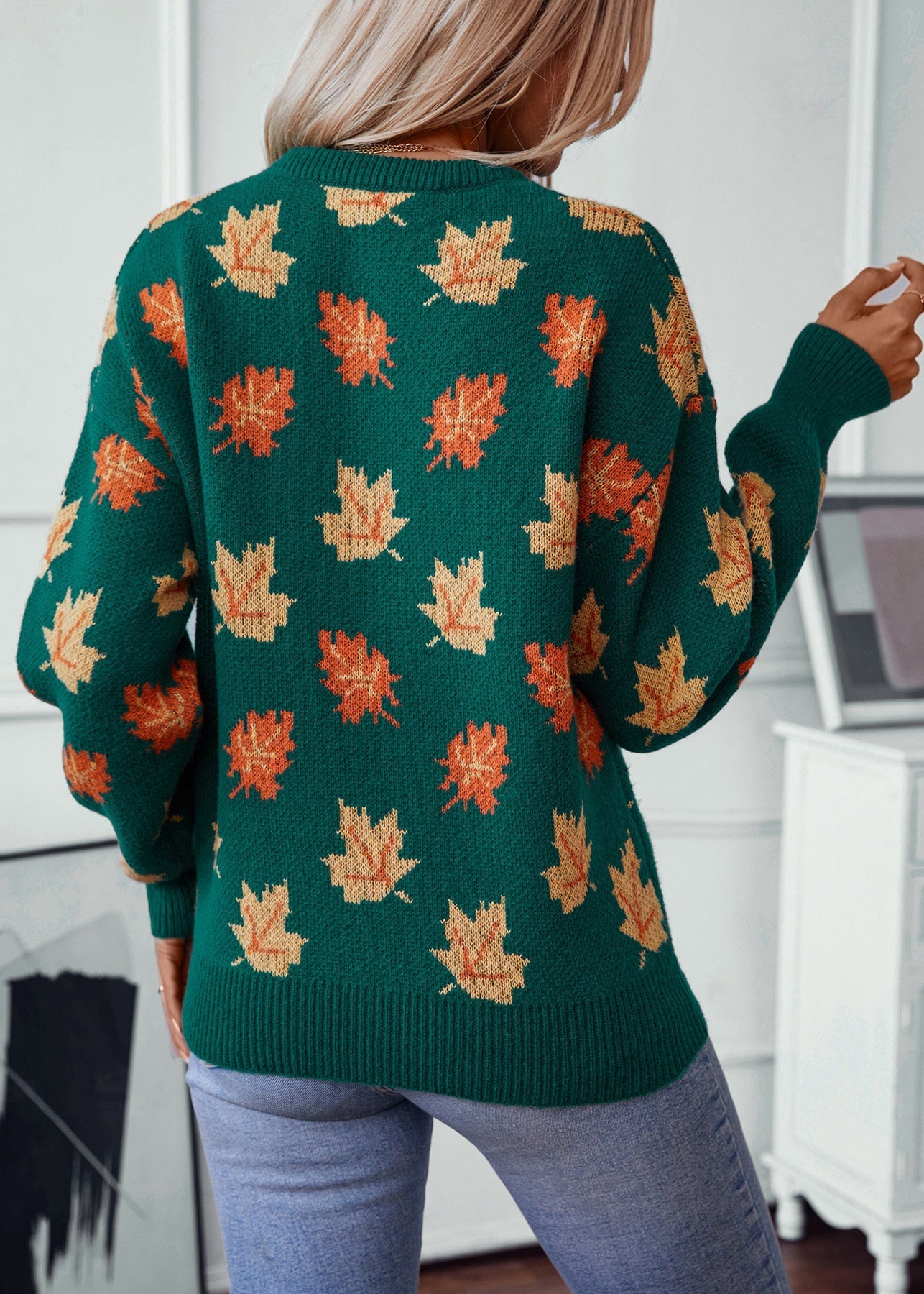 Einzigartiger grüner O-Ausschnitt Jacquard-Strickpullover mit dickem Strick für den Herbst QY037