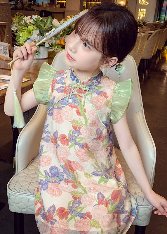 Robe mi-longue à imprimé floral vert unique pour filles, sans manches, MN028