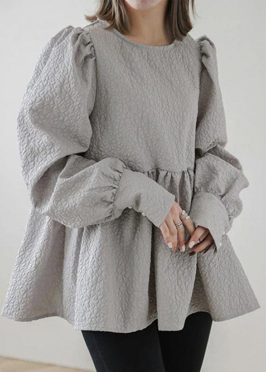 Unique Emboss Tops Blouse Up Cotton Back Fall Grey Lace