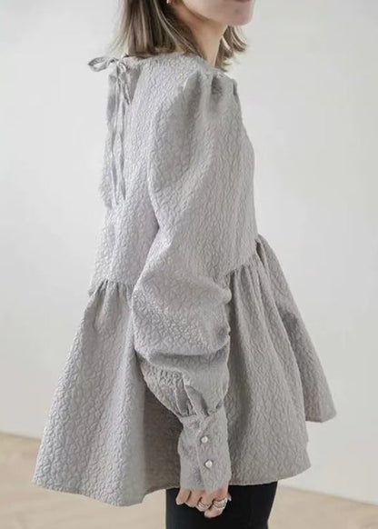 Unique Emboss Tops Blouse Up Cotton Back Fall Grey Lace