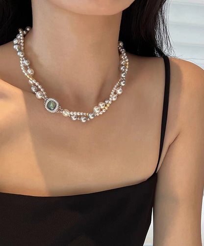 Unique Grey Sterling Silver Alloy Zircon Double Layer Pearl Gratuated Bead Necklace QJ038