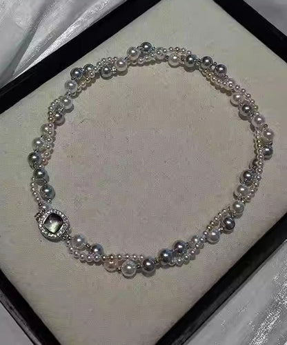 Unique Grey Sterling Silver Alloy Zircon Double Layer Pearl Gratuated Bead Necklace QJ038